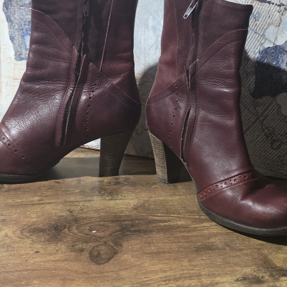Chic DKODE Women's Burgundy/Ox Blood Leather And Suede Heeled Ankle Boots - Picture 8 of 15